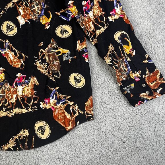 VTG Wrangler PRCA Shirt Mens 17 1/2 36 Black Button All Over Print Rodeo Ranch - Picture 9 of 13